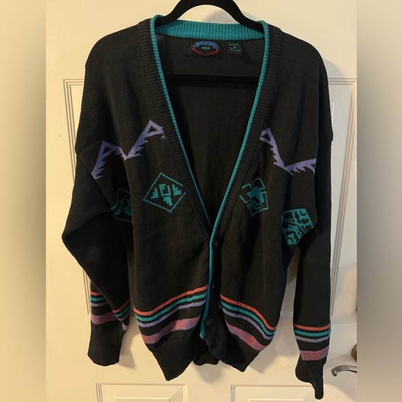 Bugle Boy Other - Vintage Bugle Boy Aztec Stipe Eclectic Grandpa Button Up Cardigan Purple Teal